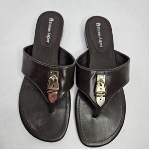 Etienne Aigner Sandals Brown Leather Upper Size 7.5 Heel To Toe 9 3/4" Heel .5"